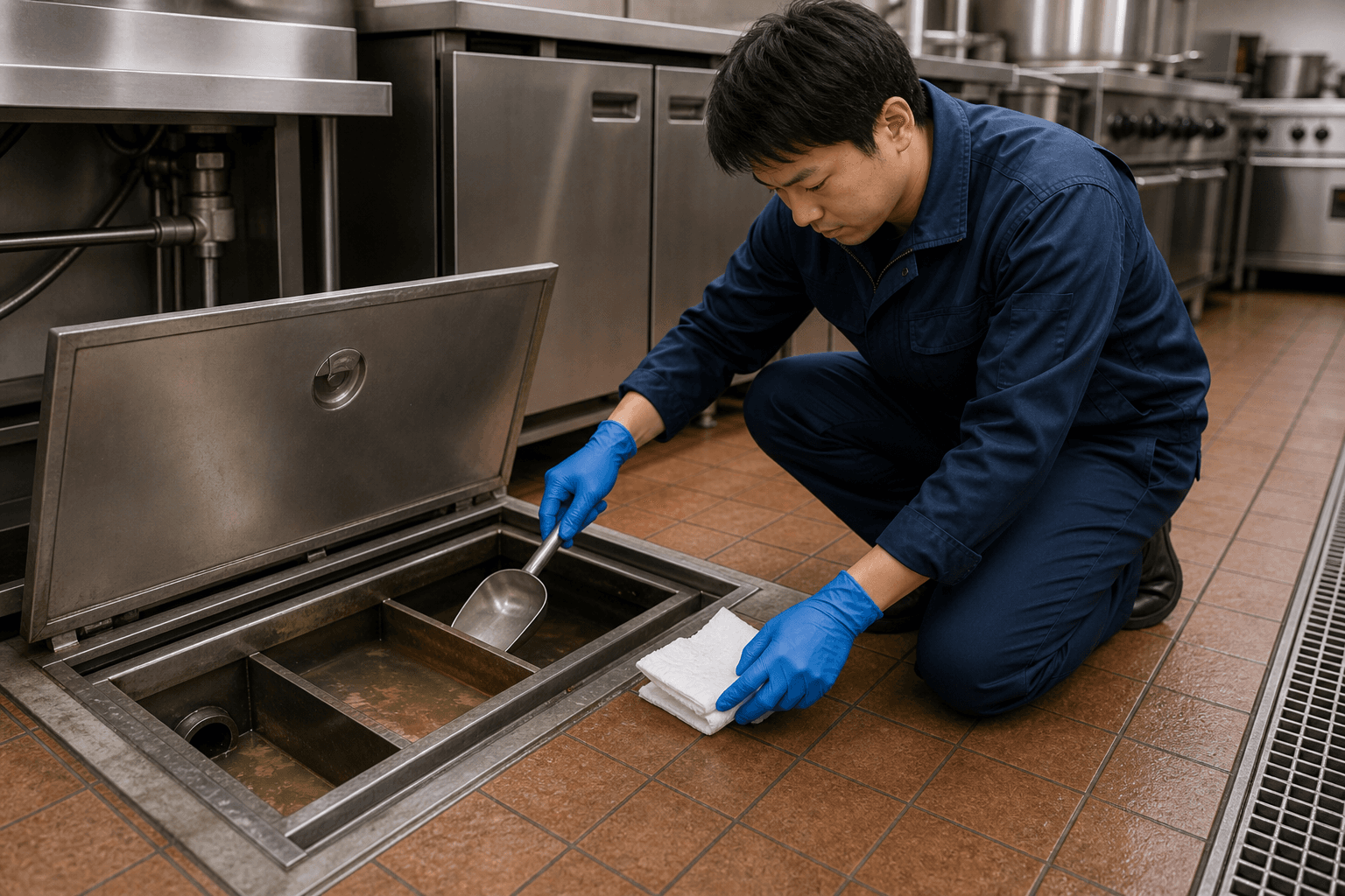 厨房のグリストラップ清掃作業